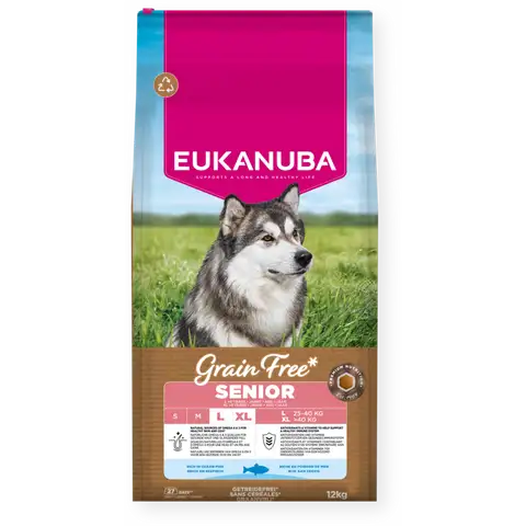 Eukanuba Krmivo Grain Free* s mořskými rybami pro psí seniory velkých plemen